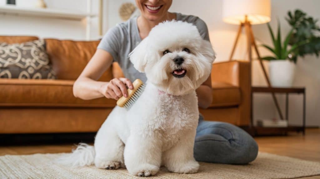 Bichon Frise being groomed by owner