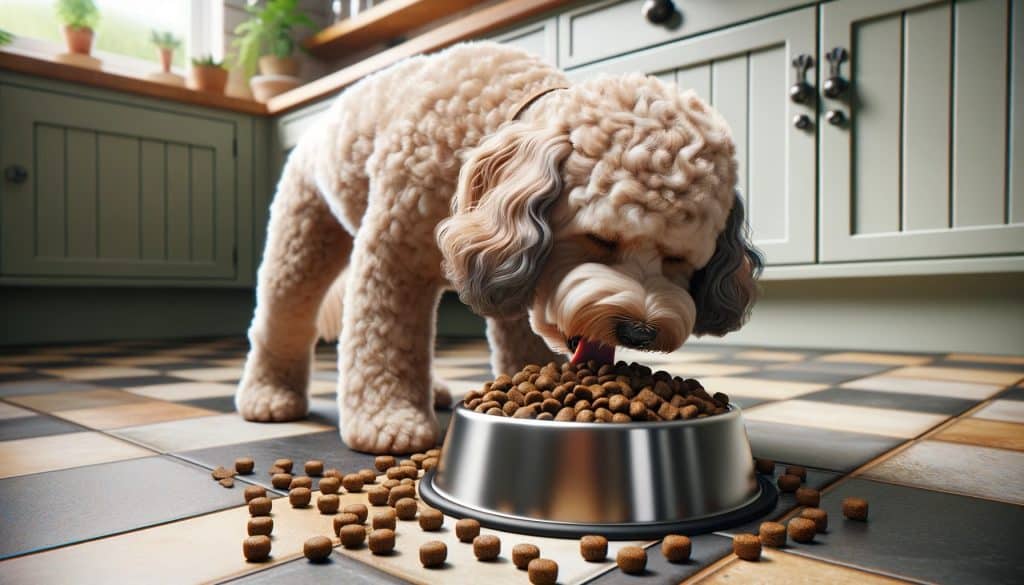 Cockapoo puppy eating dog kibble in a kitchen