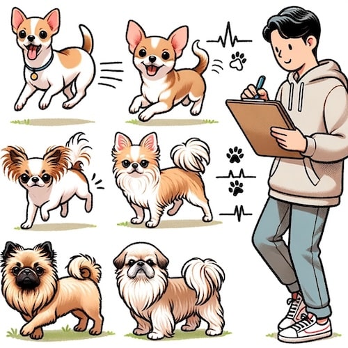 Different breeds have different exercise needs - boy with clipboard and variety of small dog breeds