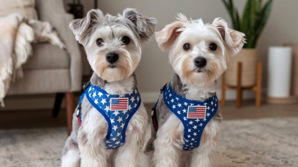 2 small dogs wearing harness with star and flag design