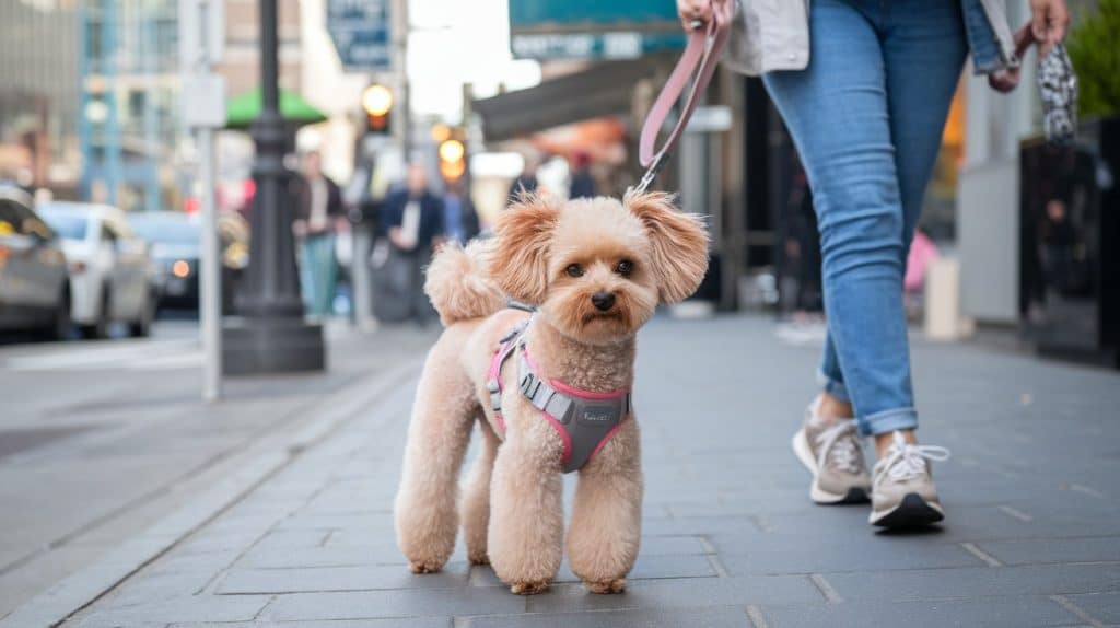 toy poodle wearing a gray harness walking on a city street