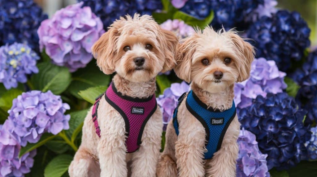 two poodle mix dogs in front of hydrangeas